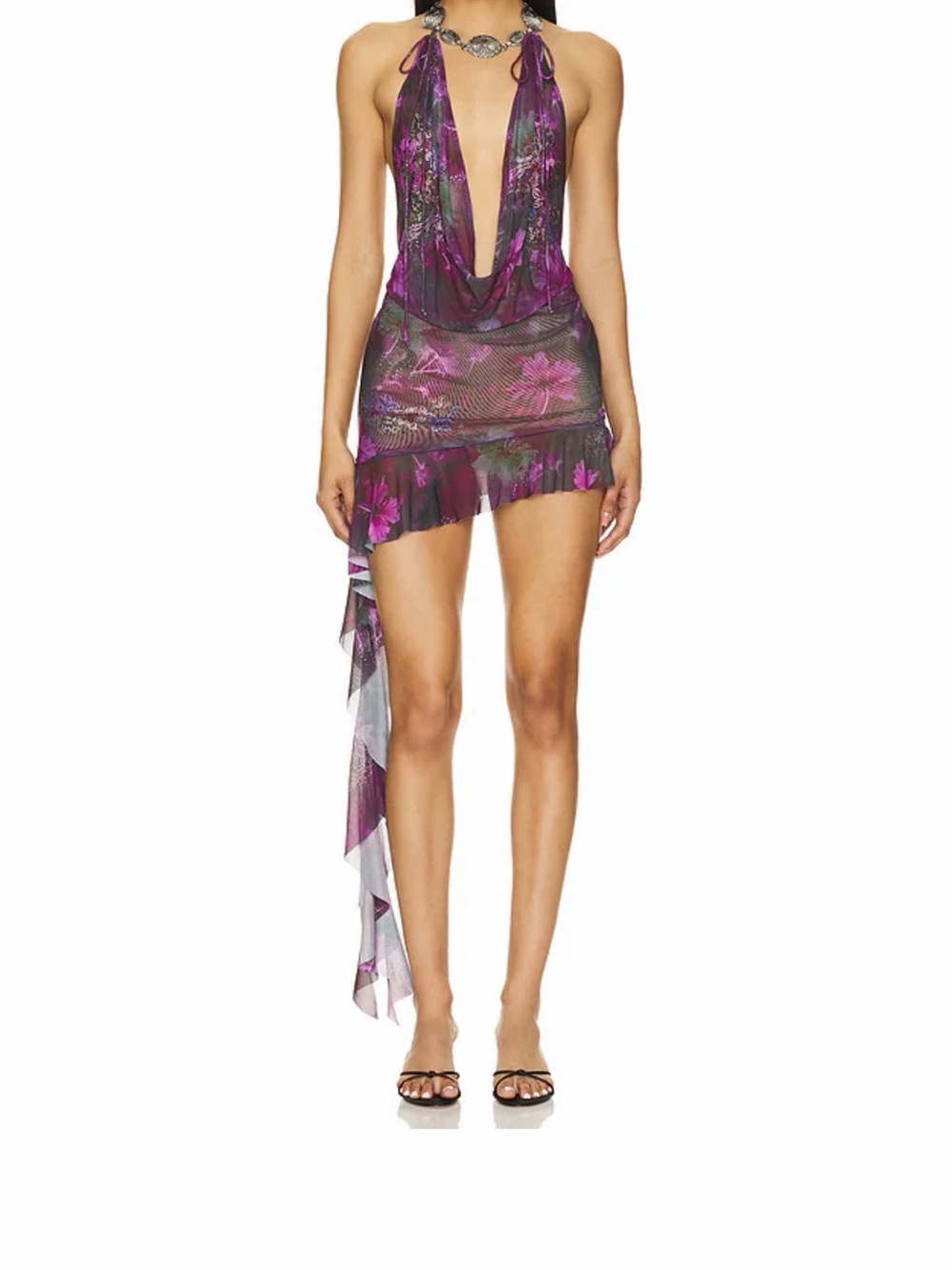 Jaded London Purple Floral Asymmetric Halter Mini Dress